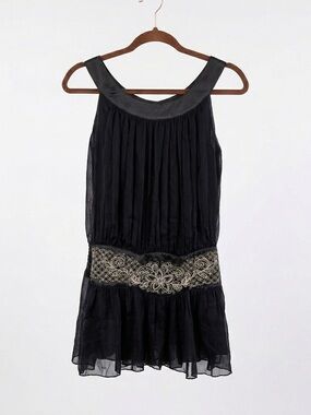 Varga Black Sheer Pleated Chiffon Embroidered Drop Waist Tunic Top Small